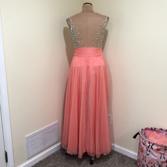May Queen Prom Dress Size 2 Coral Pink Aurora Borealis Rhinestone Gown - Picture 5 of 9